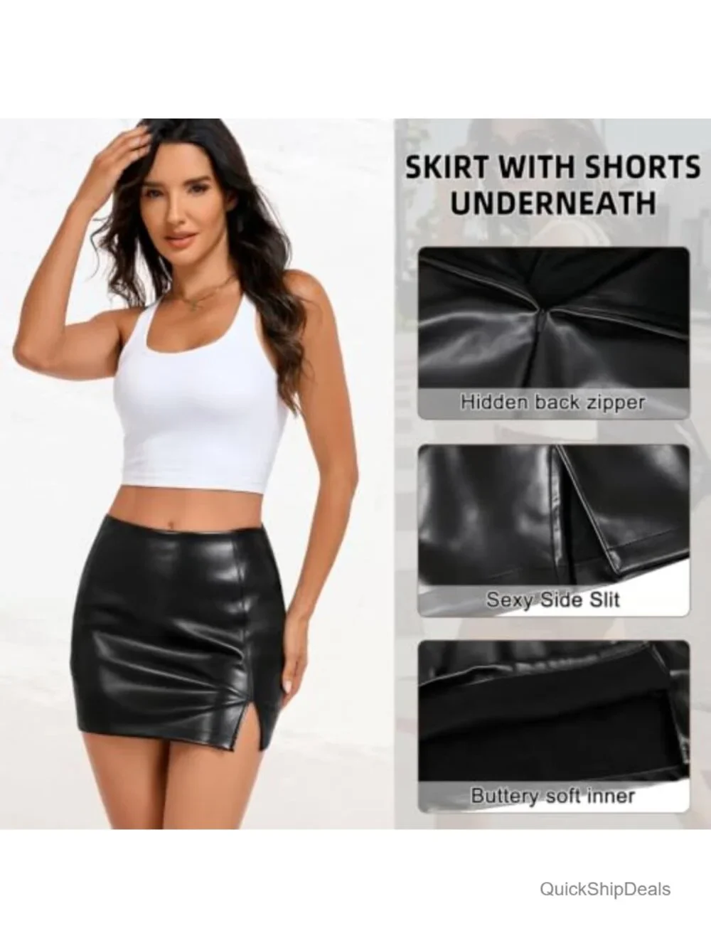 High Waisted Faux Leather Skort with Side Slit, Bodycon Mini